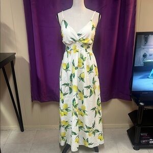 White Sleeveless Spaghetti Strap Lemon Maxi Sundress